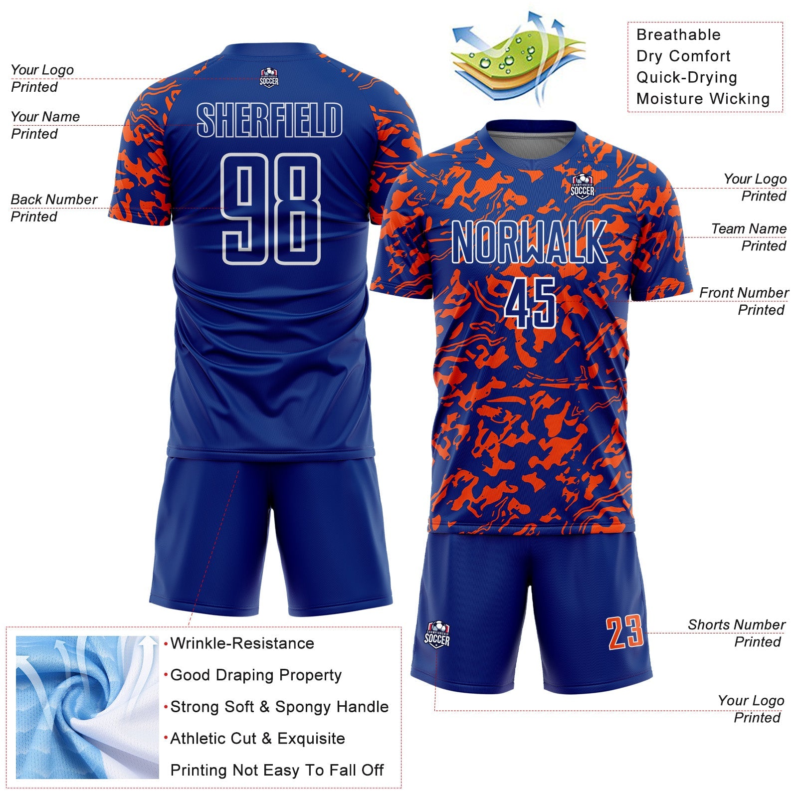 Custom Royal Orange-White Liquid Fluid Pattern Sports Sublimation Soccer Uniform Jersey view 4