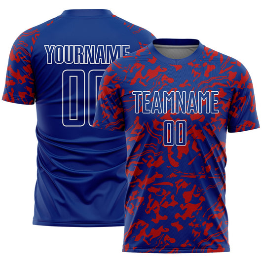 Custom Royal Red-White Liquid Fluid Pattern Sports Sublimation Soccer Uniform Jersey - Main View