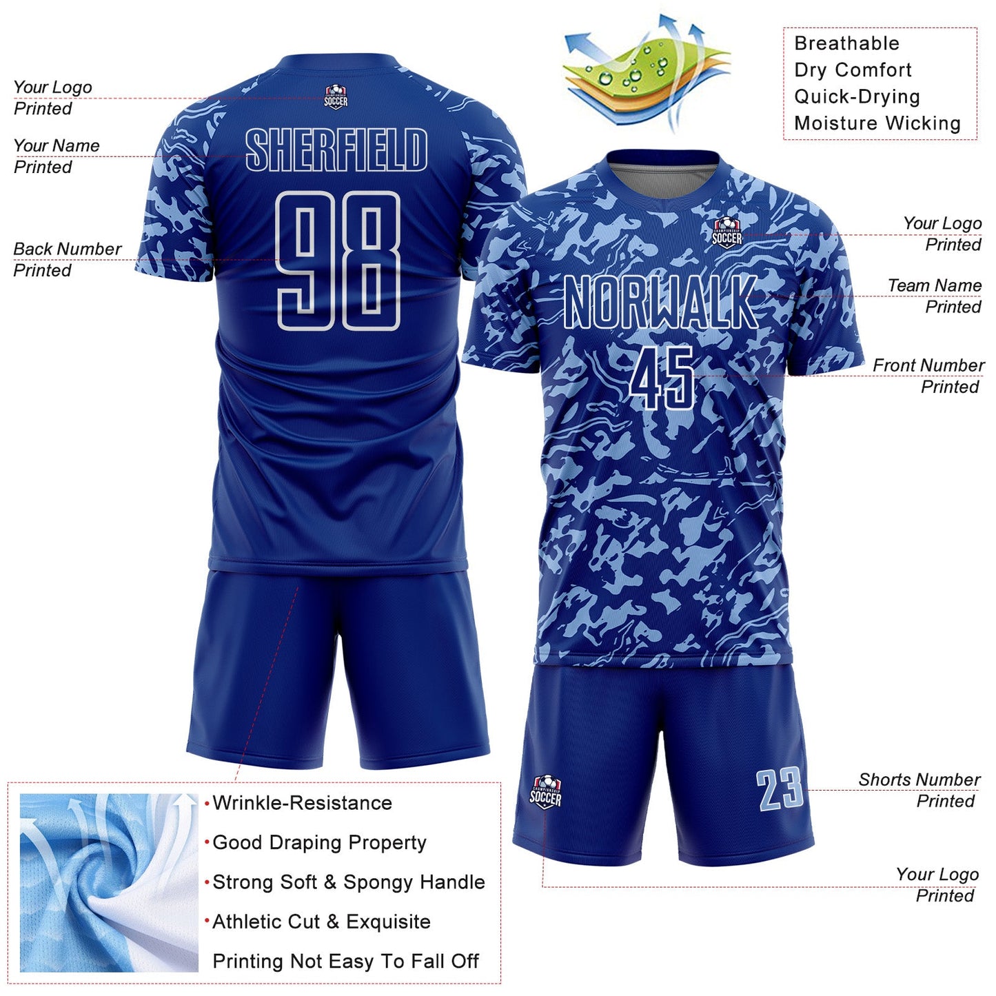 Custom Royal Light Blue-White Liquid Fluid Pattern Sports Sublimation Soccer Uniform Jersey view 4