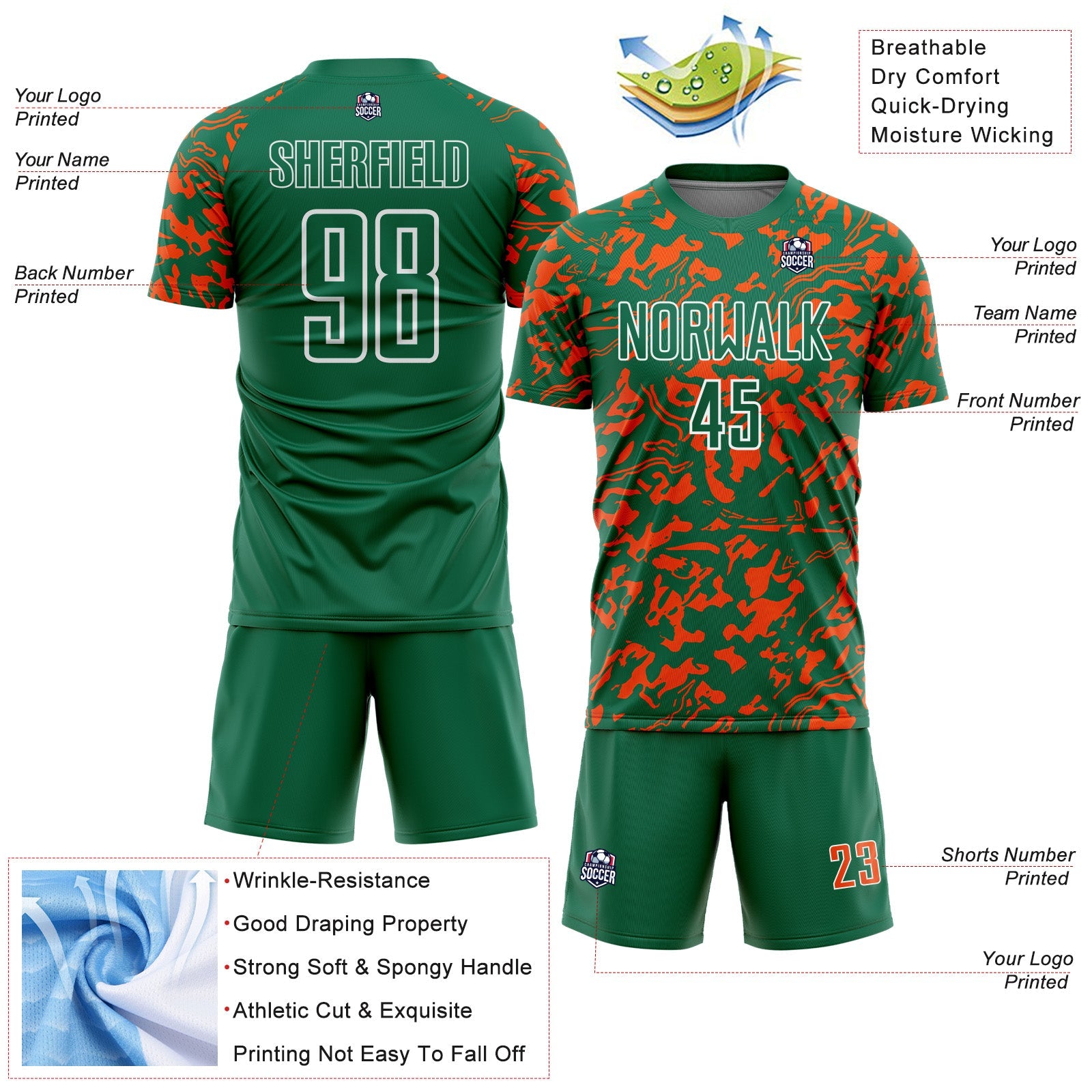 Custom Kelly Green Orange-White Liquid Fluid Pattern Sports Sublimation Soccer Uniform Jersey view 4