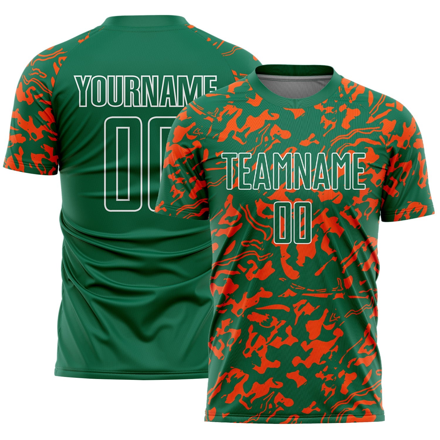 Custom Kelly Green Orange-White Liquid Fluid Pattern Sports Sublimation Soccer Uniform Jersey - Main View