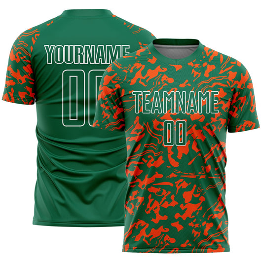 Custom Kelly Green Orange-White Liquid Fluid Pattern Sports Sublimation Soccer Uniform Jersey - Main View