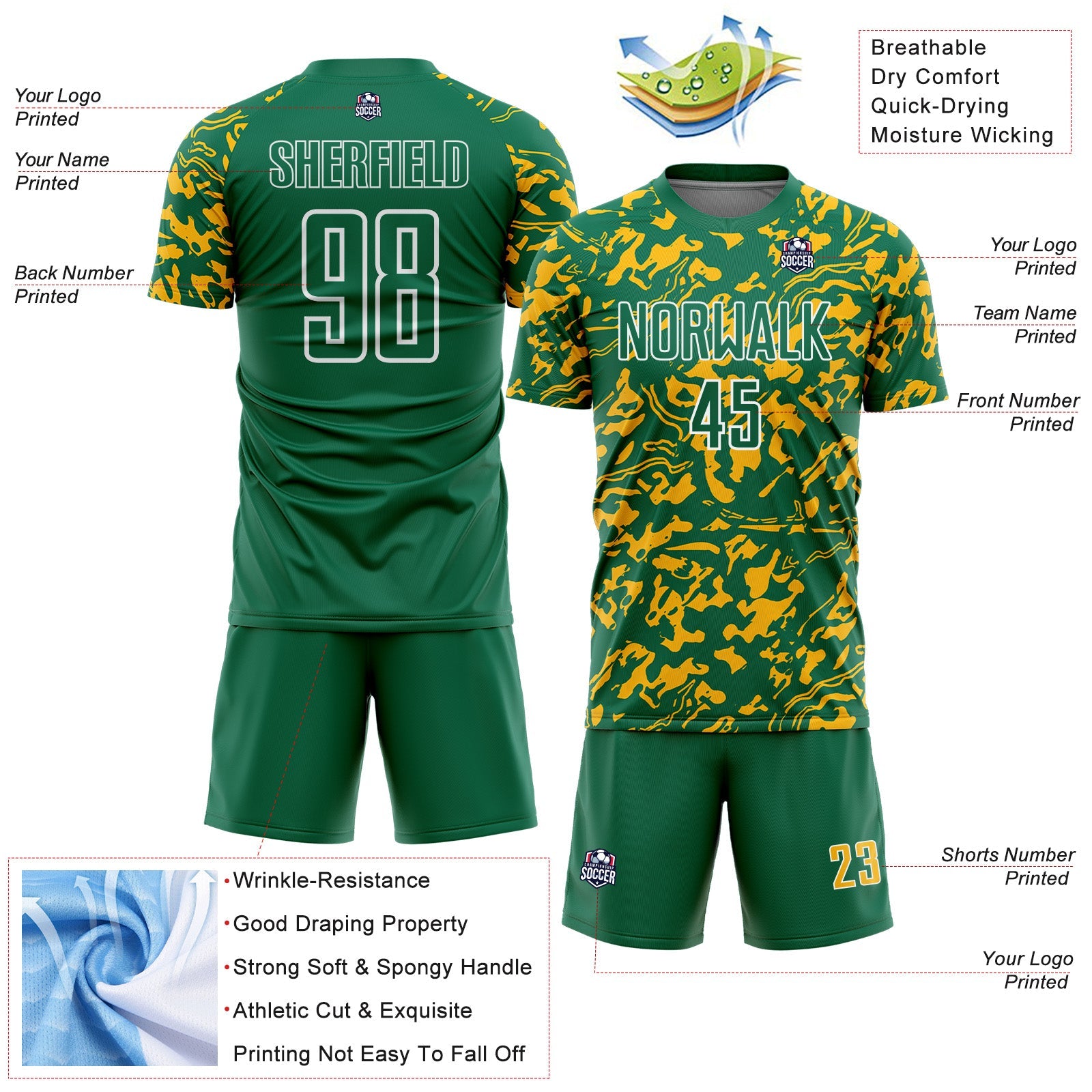 Custom Kelly Green Gold-White Liquid Fluid Pattern Sports Sublimation Soccer Uniform Jersey view 4