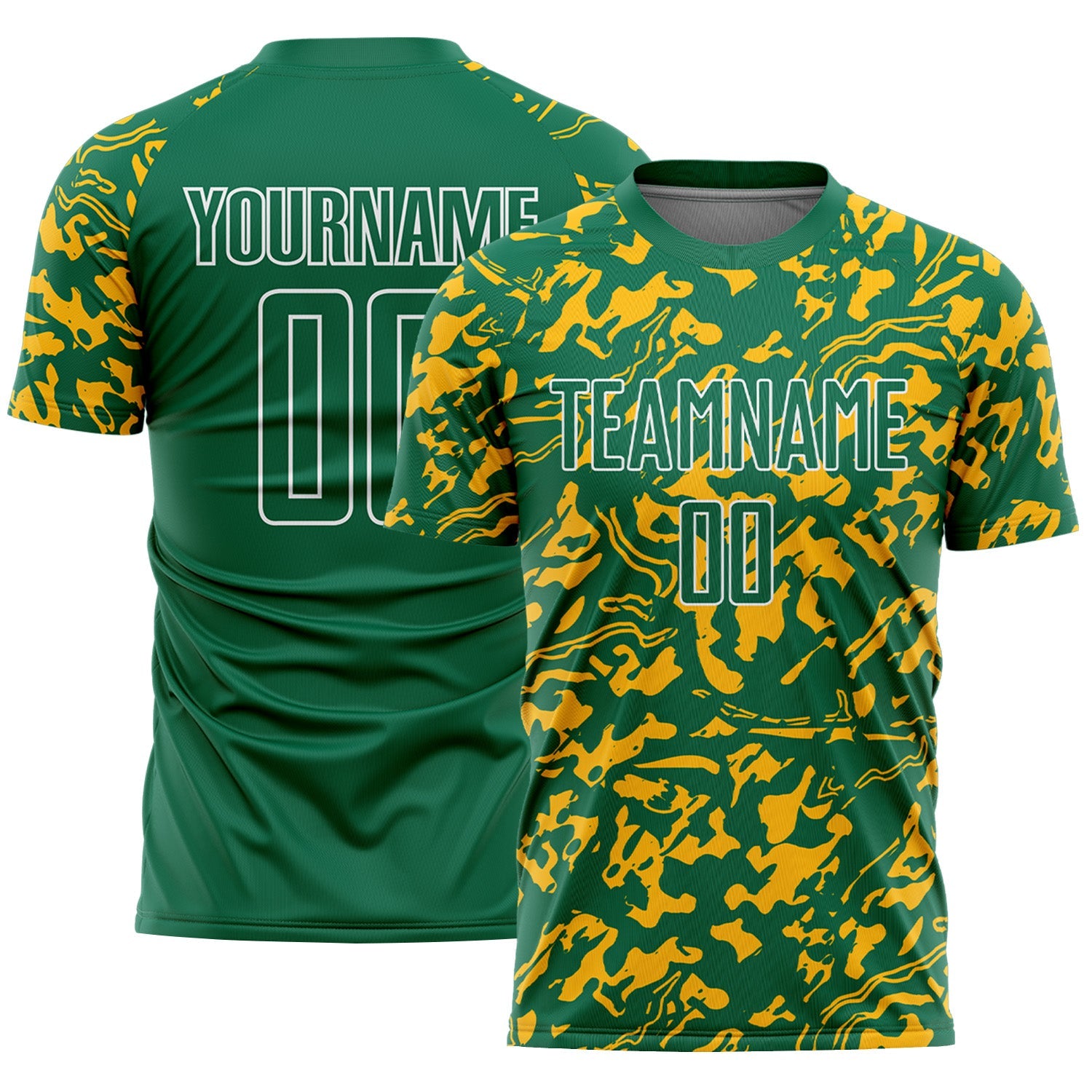 Custom Kelly Green Gold-White Liquid Fluid Pattern Sports Sublimation Soccer Uniform Jersey - Main View