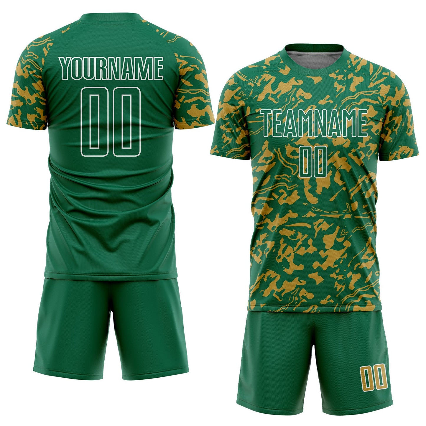 Custom Kelly Green Old Gold-White Liquid Fluid Pattern Sports Sublimation Soccer Uniform Jersey view 2