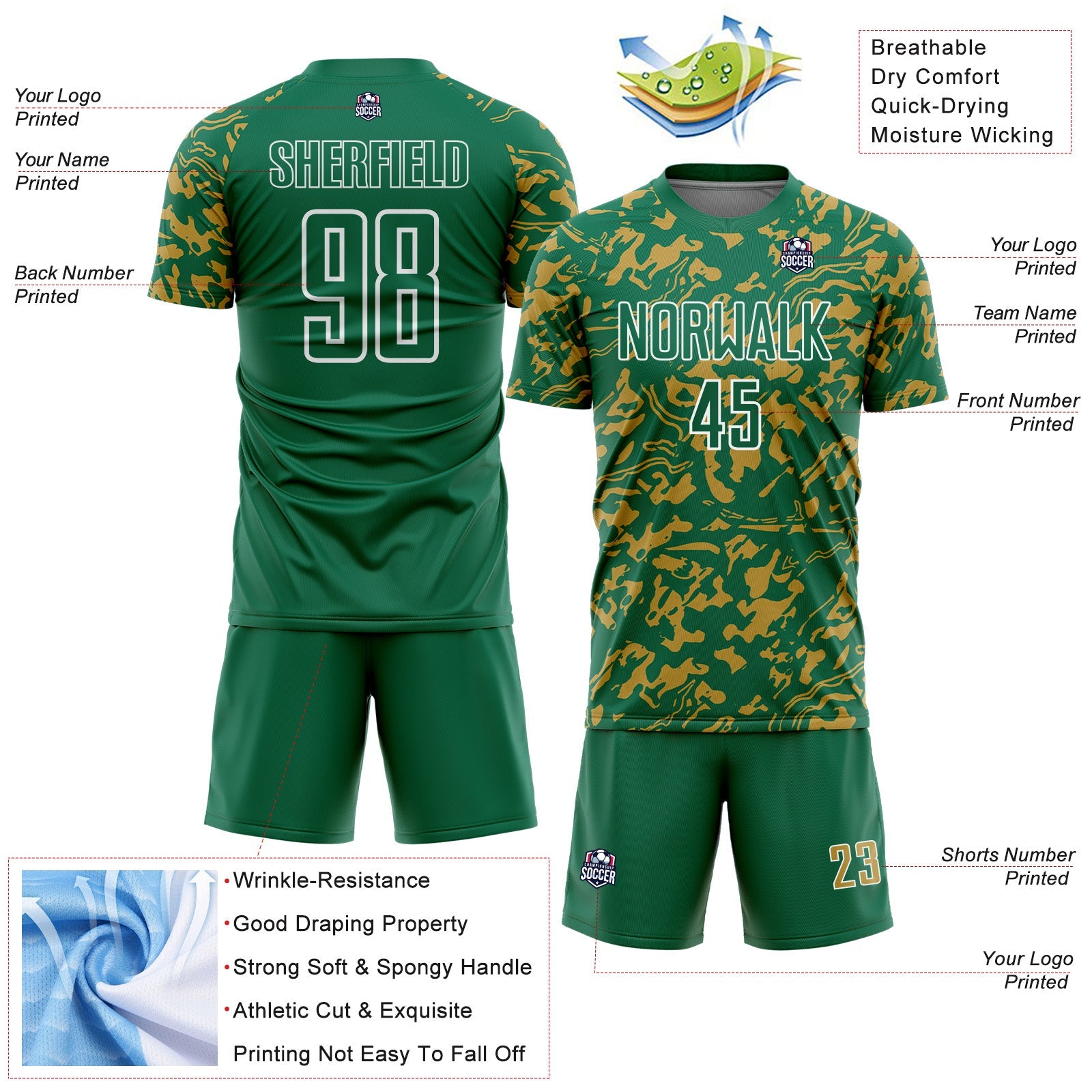 Custom Kelly Green Old Gold-White Liquid Fluid Pattern Sports Sublimation Soccer Uniform Jersey view 4