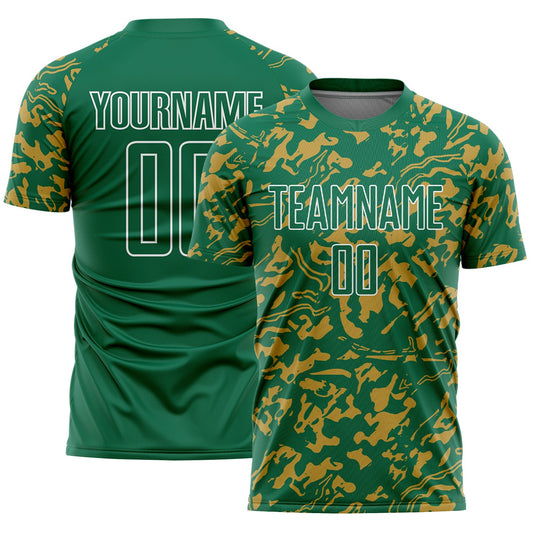Custom Kelly Green Old Gold-White Liquid Fluid Pattern Sports Sublimation Soccer Uniform Jersey - Main View