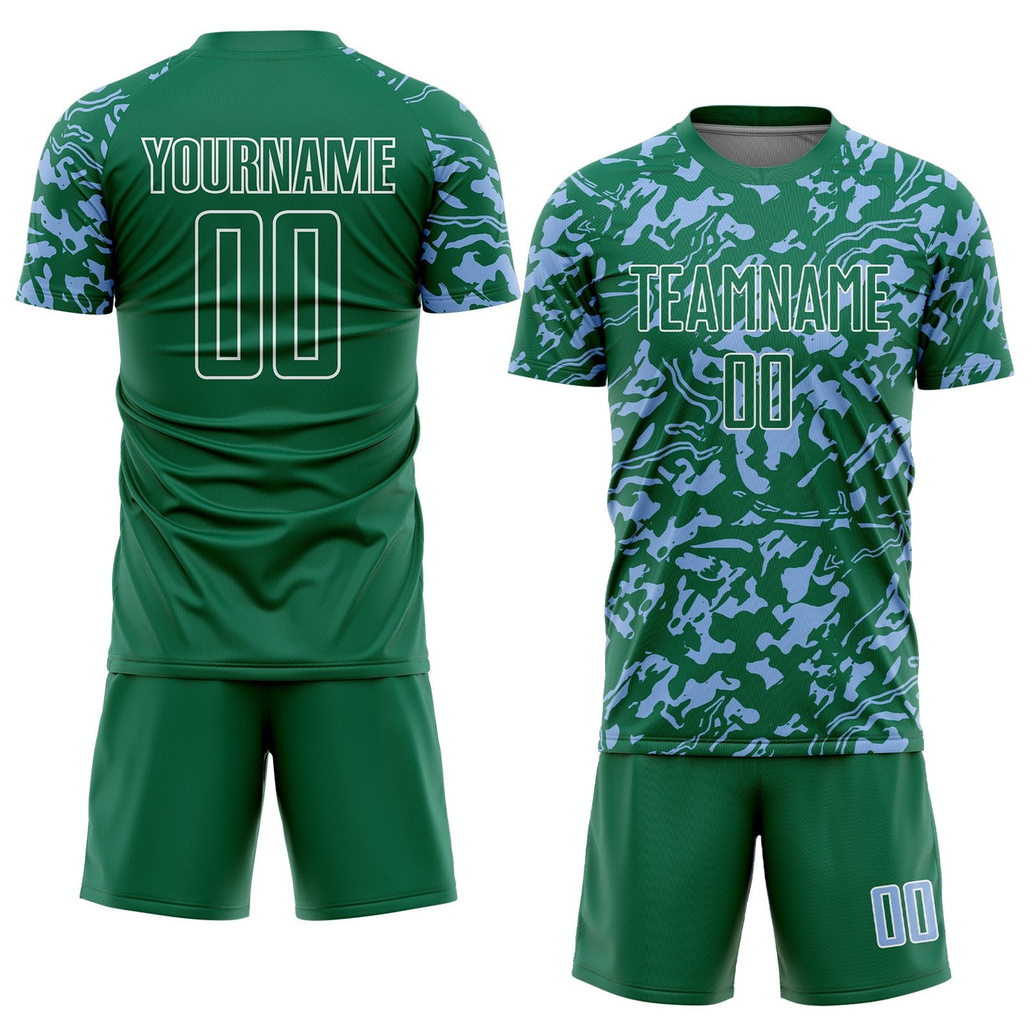 Custom Kelly Green Light Blue-White Liquid Fluid Pattern Sports Sublimation Soccer Uniform Jersey view 2
