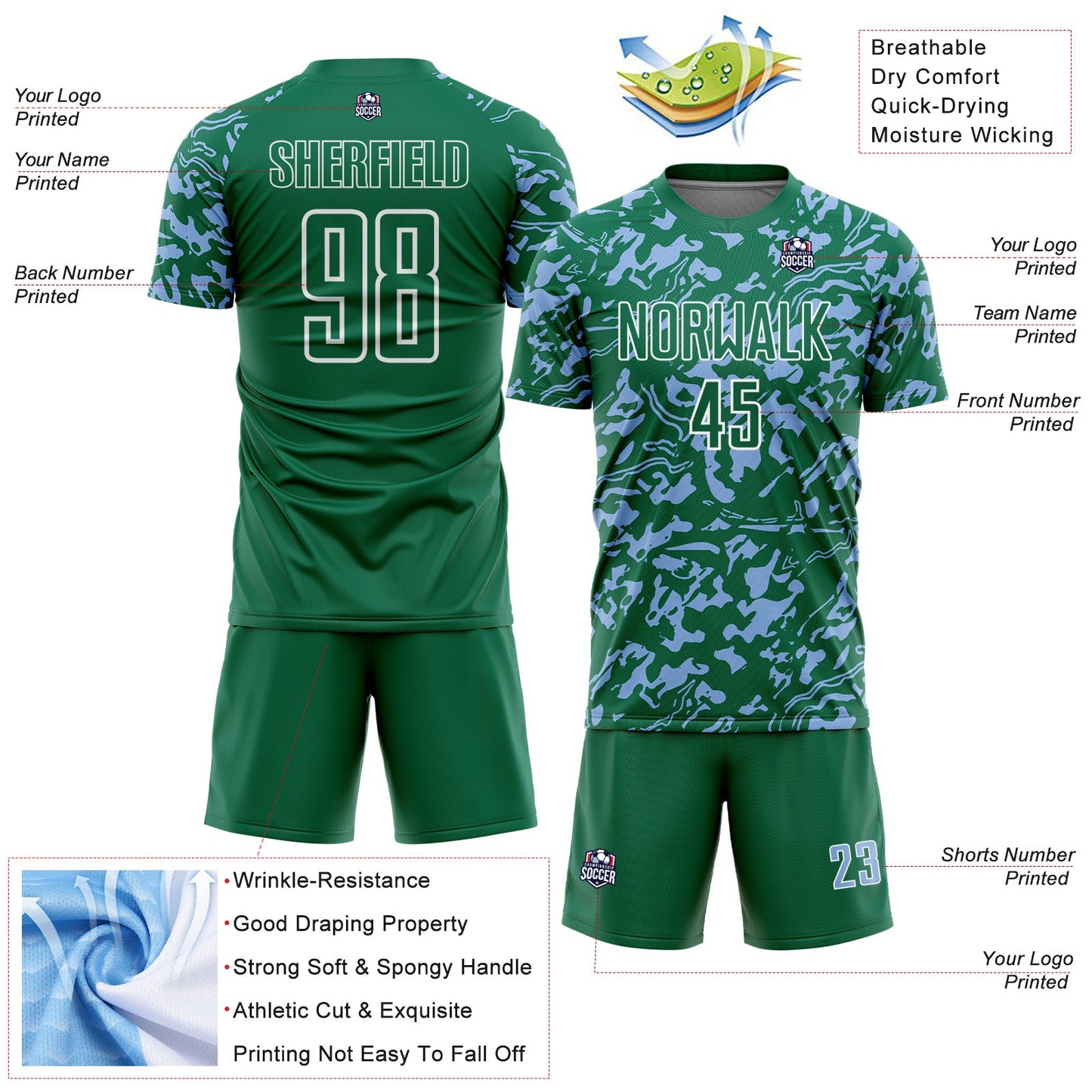 Custom Kelly Green Light Blue-White Liquid Fluid Pattern Sports Sublimation Soccer Uniform Jersey view 4