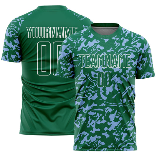 Custom Kelly Green Light Blue-White Liquid Fluid Pattern Sports Sublimation Soccer Uniform Jersey - Main View