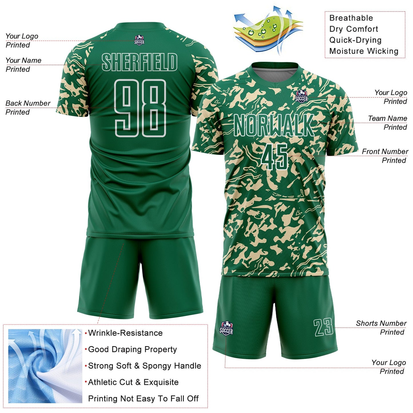 Custom Kelly Green Cream-White Liquid Fluid Pattern Sports Sublimation Soccer Uniform Jersey view 4