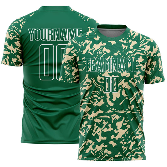 Custom Kelly Green Cream-White Liquid Fluid Pattern Sports Sublimation Soccer Uniform Jersey - Main View