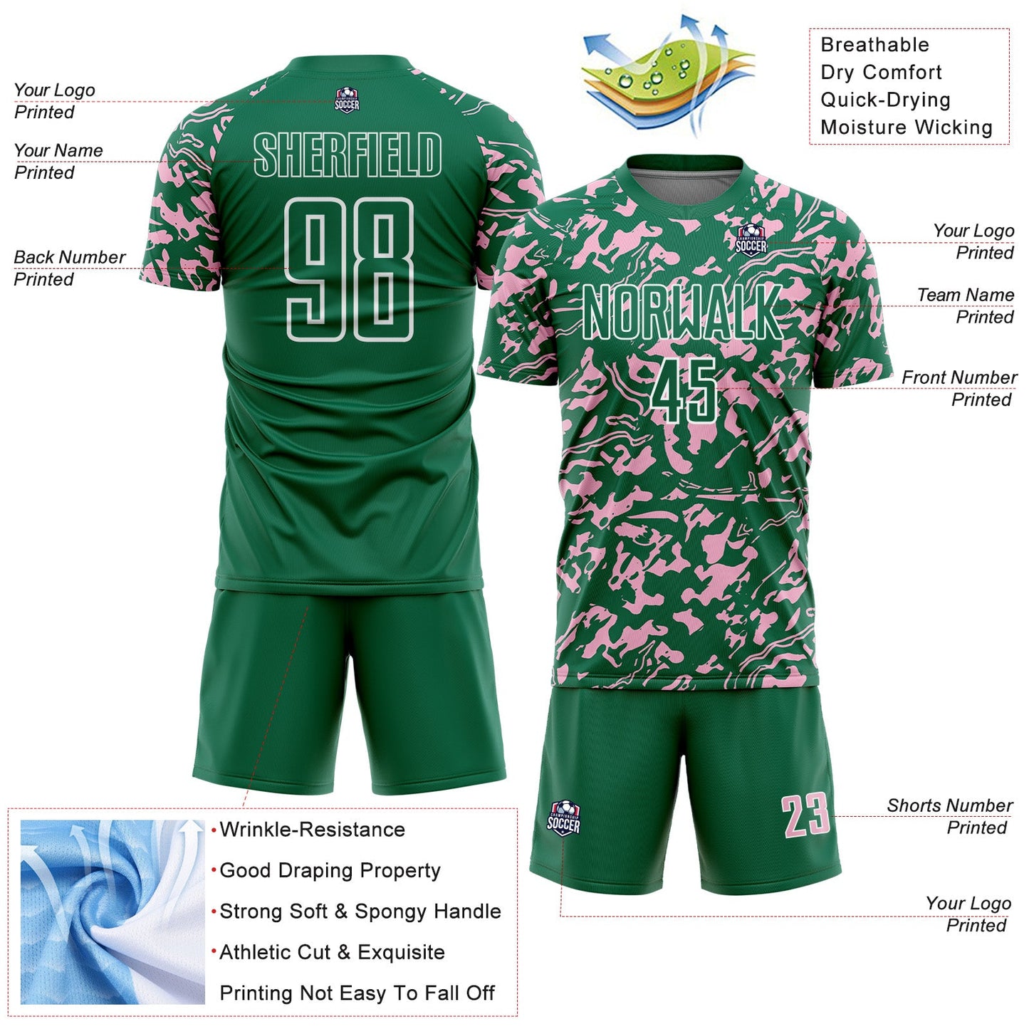 Custom Kelly Green Light Pink-White Liquid Fluid Pattern Sports Sublimation Soccer Uniform Jersey view 4