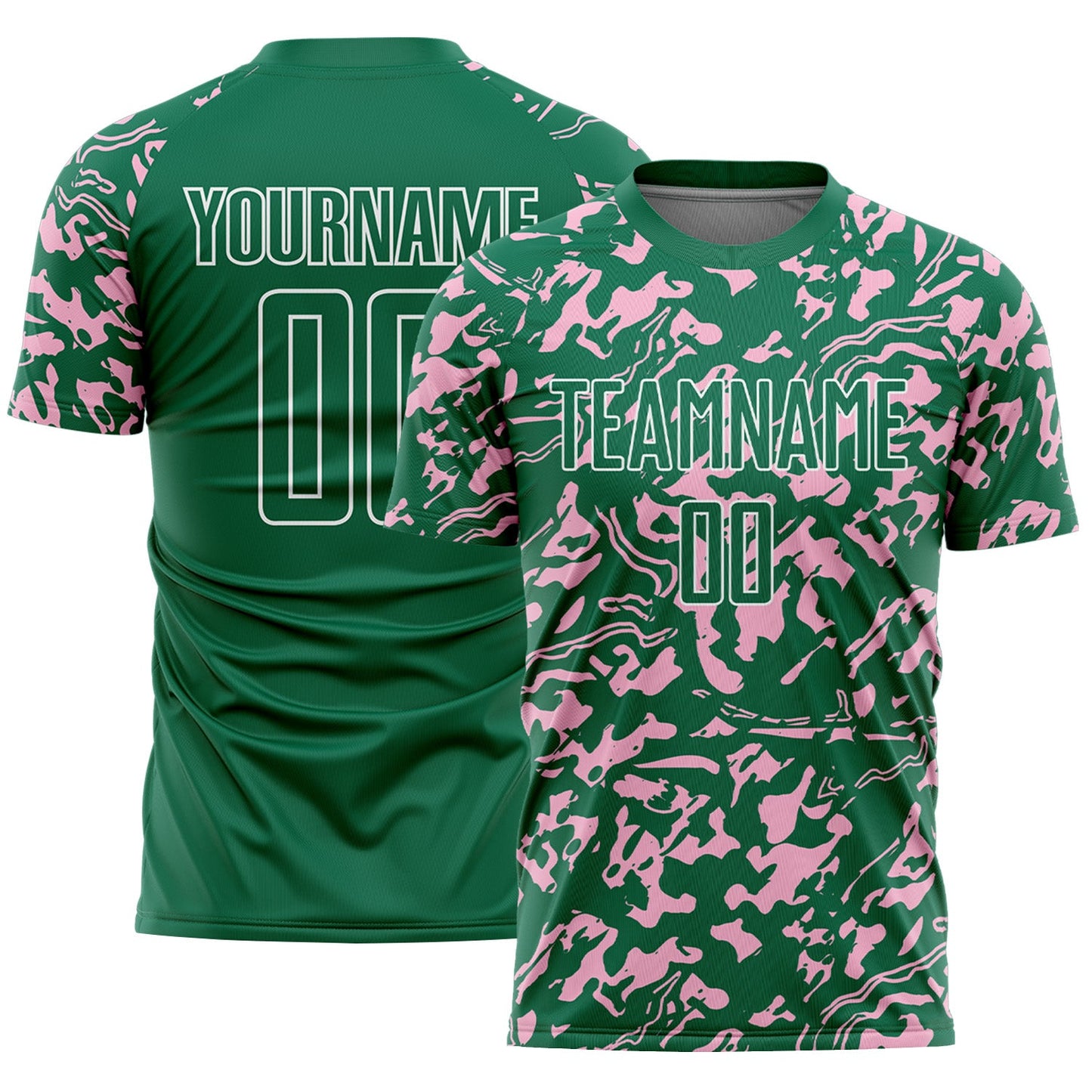 Custom Kelly Green Light Pink-White Liquid Fluid Pattern Sports Sublimation Soccer Uniform Jersey - Main View
