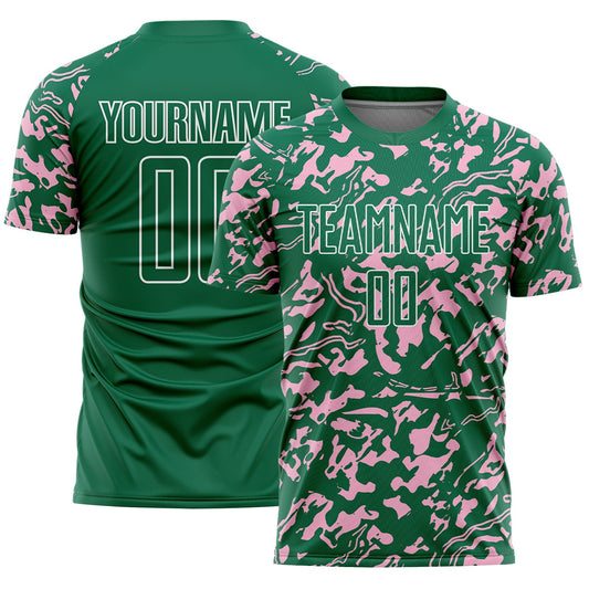 Custom Kelly Green Light Pink-White Liquid Fluid Pattern Sports Sublimation Soccer Uniform Jersey - Main View