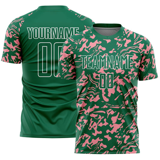 Custom Kelly Green Medium Pink-White Liquid Fluid Pattern Sports Sublimation Soccer Uniform Jersey - Main View