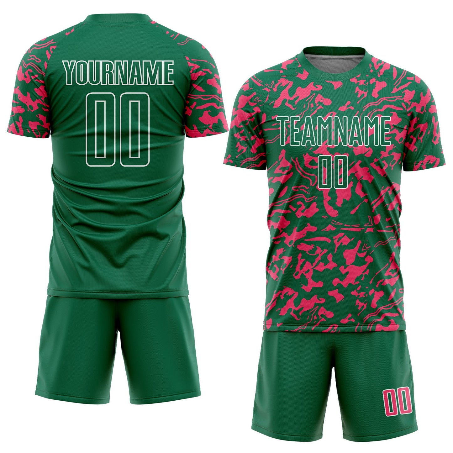 Custom Kelly Green Neon Pink-White Liquid Fluid Pattern Sports Sublimation Soccer Uniform Jersey view 2