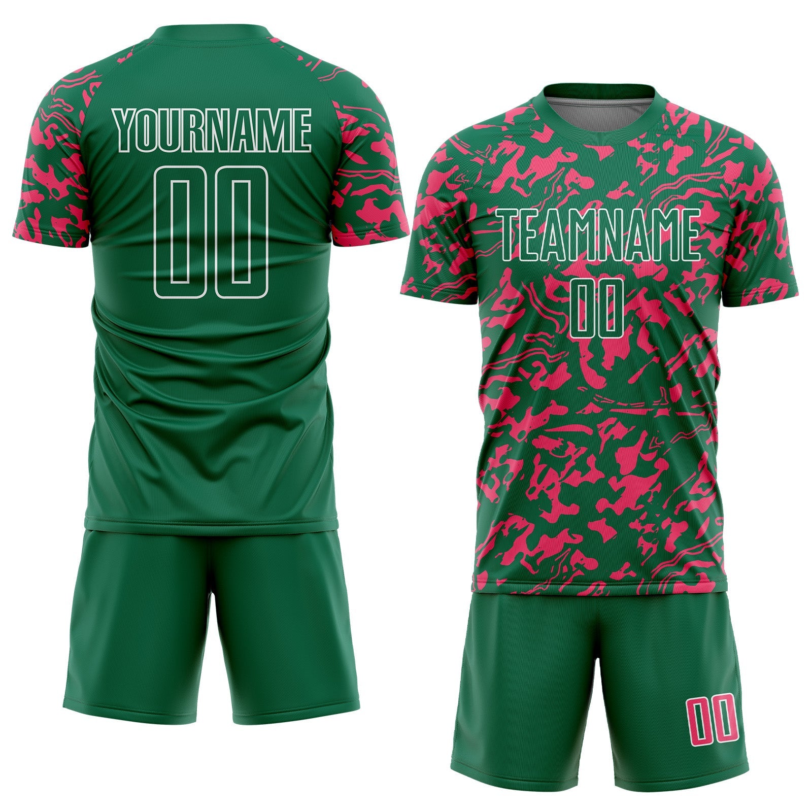 Custom Kelly Green Neon Pink-White Liquid Fluid Pattern Sports Sublimation Soccer Uniform Jersey view 2