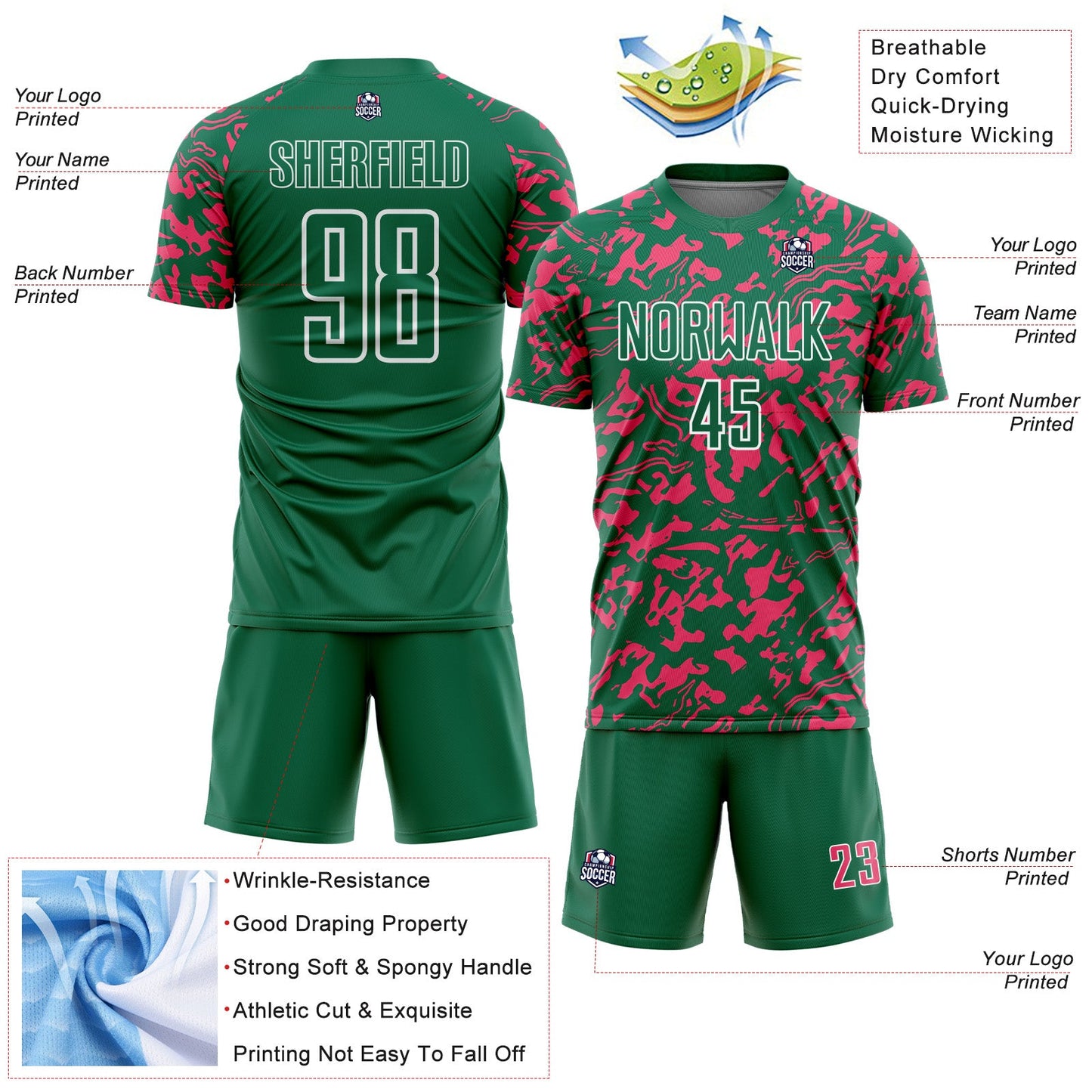 Custom Kelly Green Neon Pink-White Liquid Fluid Pattern Sports Sublimation Soccer Uniform Jersey view 4