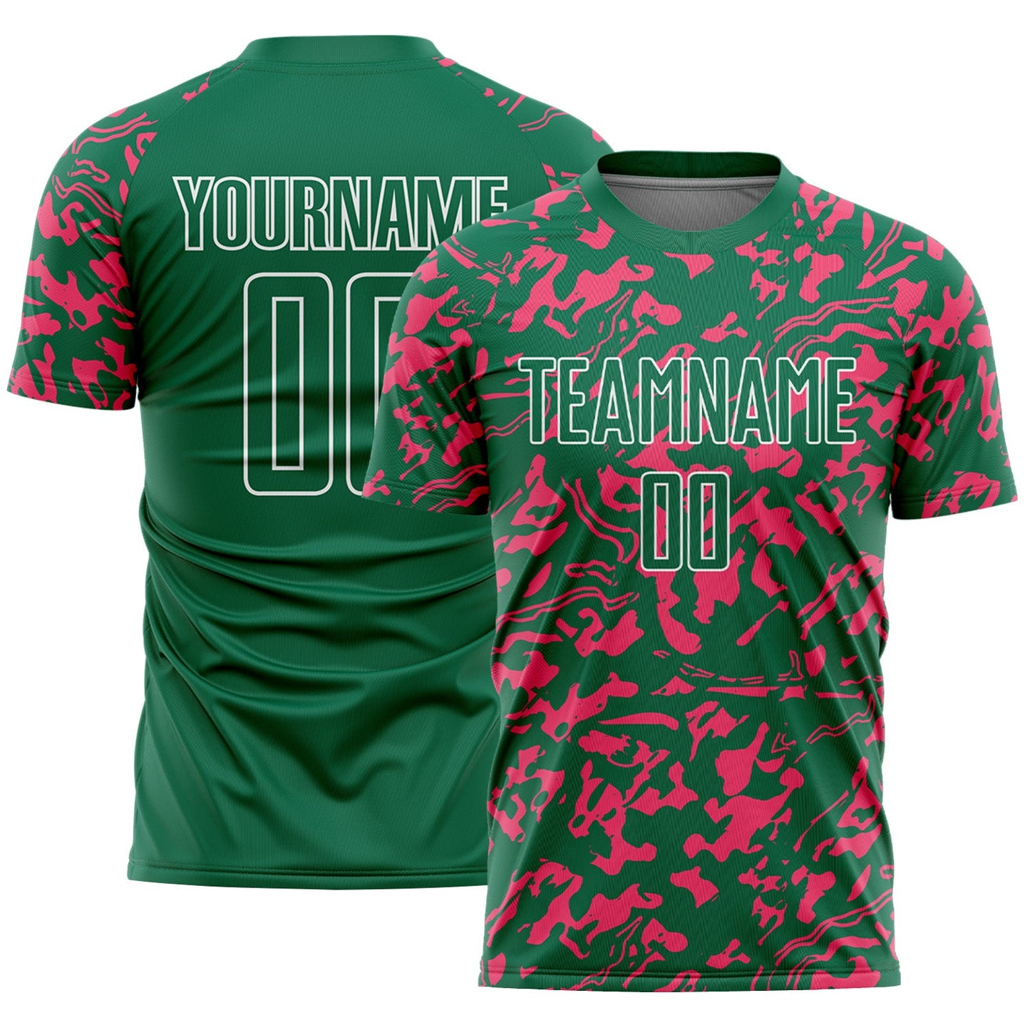 Custom Kelly Green Neon Pink-White Liquid Fluid Pattern Sports Sublimation Soccer Uniform Jersey - Main View