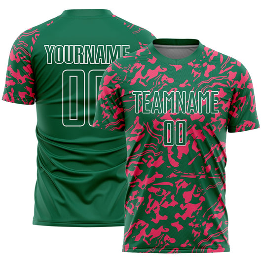 Custom Kelly Green Neon Pink-White Liquid Fluid Pattern Sports Sublimation Soccer Uniform Jersey - Main View