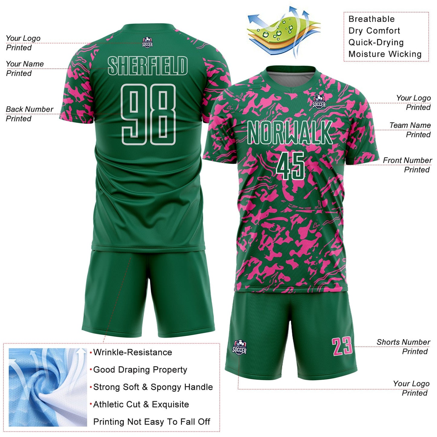 Custom Kelly Green Pink-White Liquid Fluid Pattern Sports Sublimation Soccer Uniform Jersey view 4