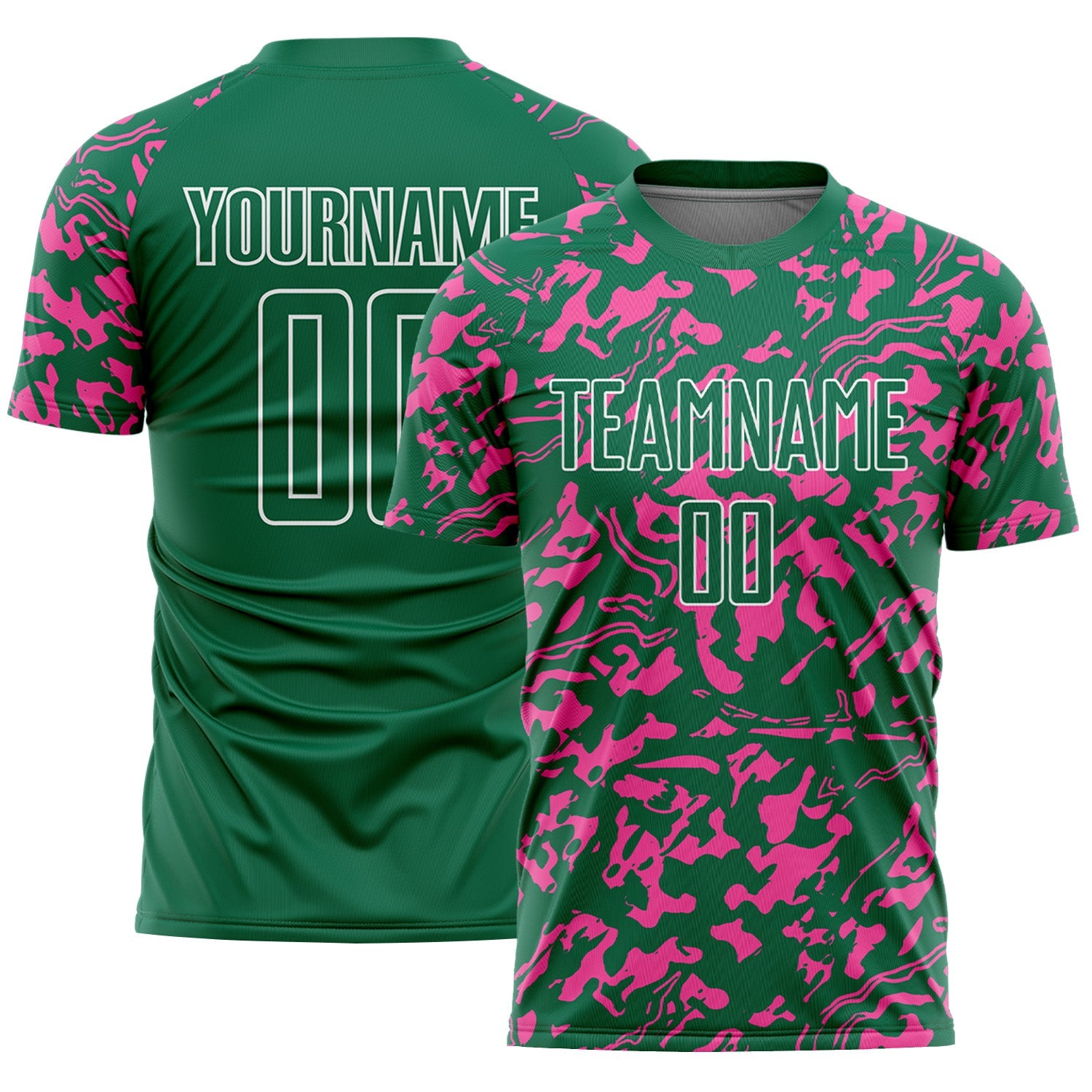 Custom Kelly Green Pink-White Liquid Fluid Pattern Sports Sublimation Soccer Uniform Jersey - Main View