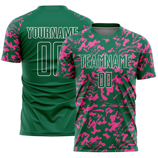 Custom Kelly Green Pink-White Liquid Fluid Pattern Sports Sublimation Soccer Uniform Jersey - Main View