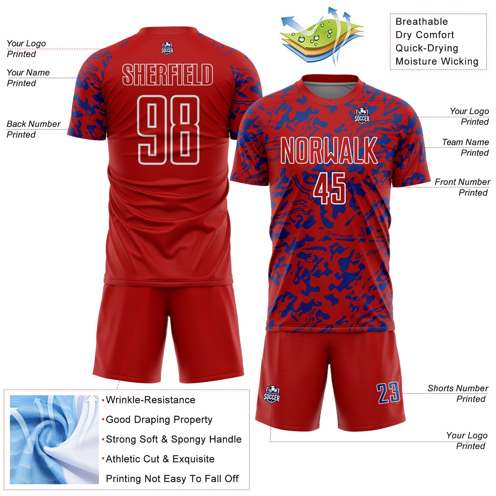 Custom Red Royal-White Liquid Fluid Pattern Sports Sublimation Soccer Uniform Jersey view 4