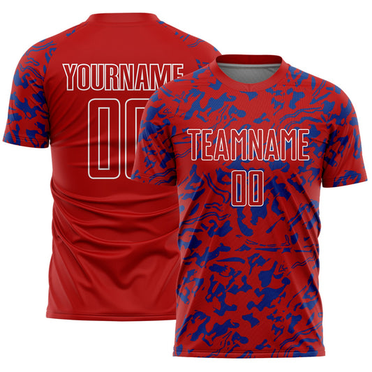 Custom Red Royal-White Liquid Fluid Pattern Sports Sublimation Soccer Uniform Jersey - Main View