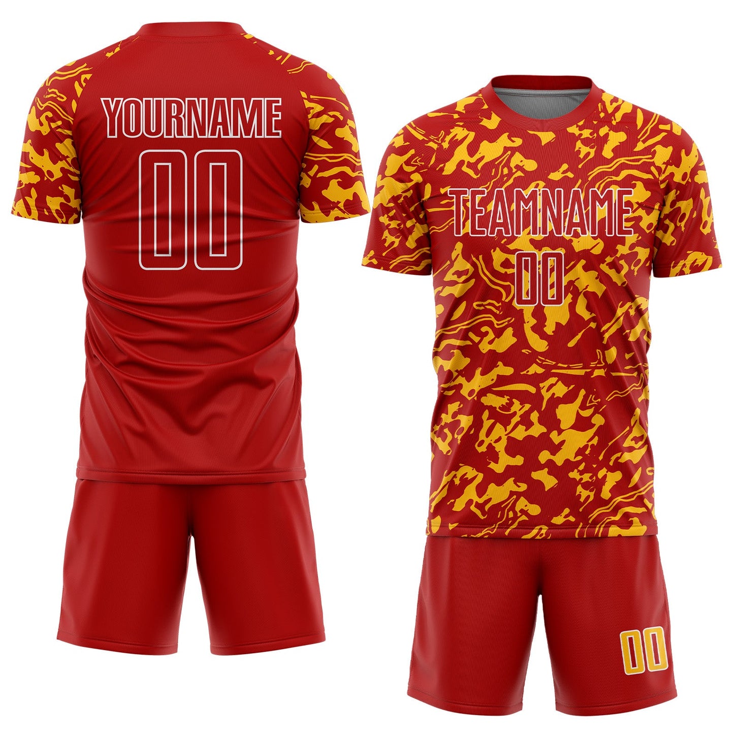 Custom Red Gold-White Liquid Fluid Pattern Sports Sublimation Soccer Uniform Jersey view 2