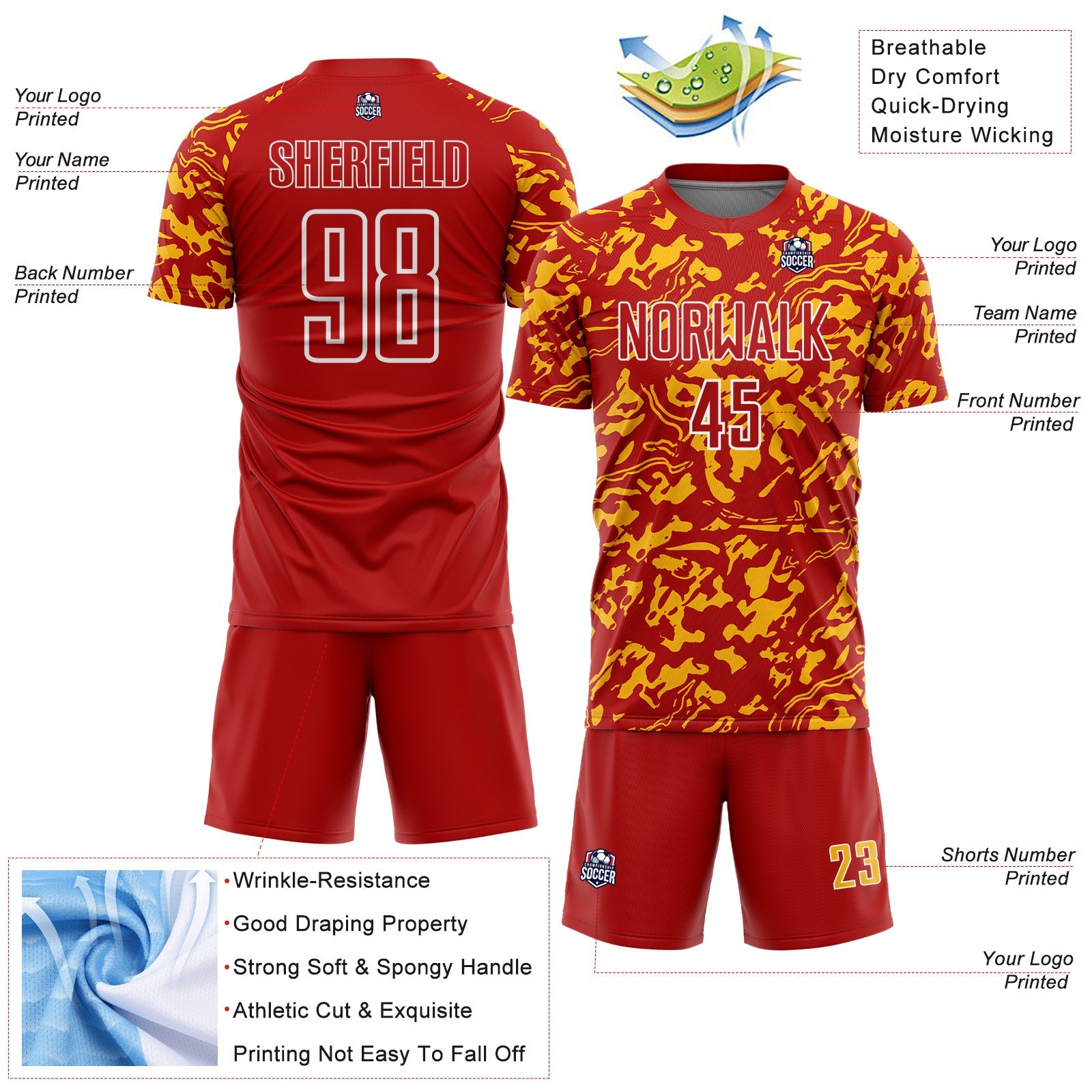 Custom Red Gold-White Liquid Fluid Pattern Sports Sublimation Soccer Uniform Jersey view 4