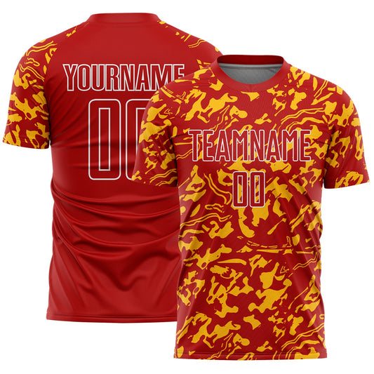 Custom Red Gold-White Liquid Fluid Pattern Sports Sublimation Soccer Uniform Jersey - Main View