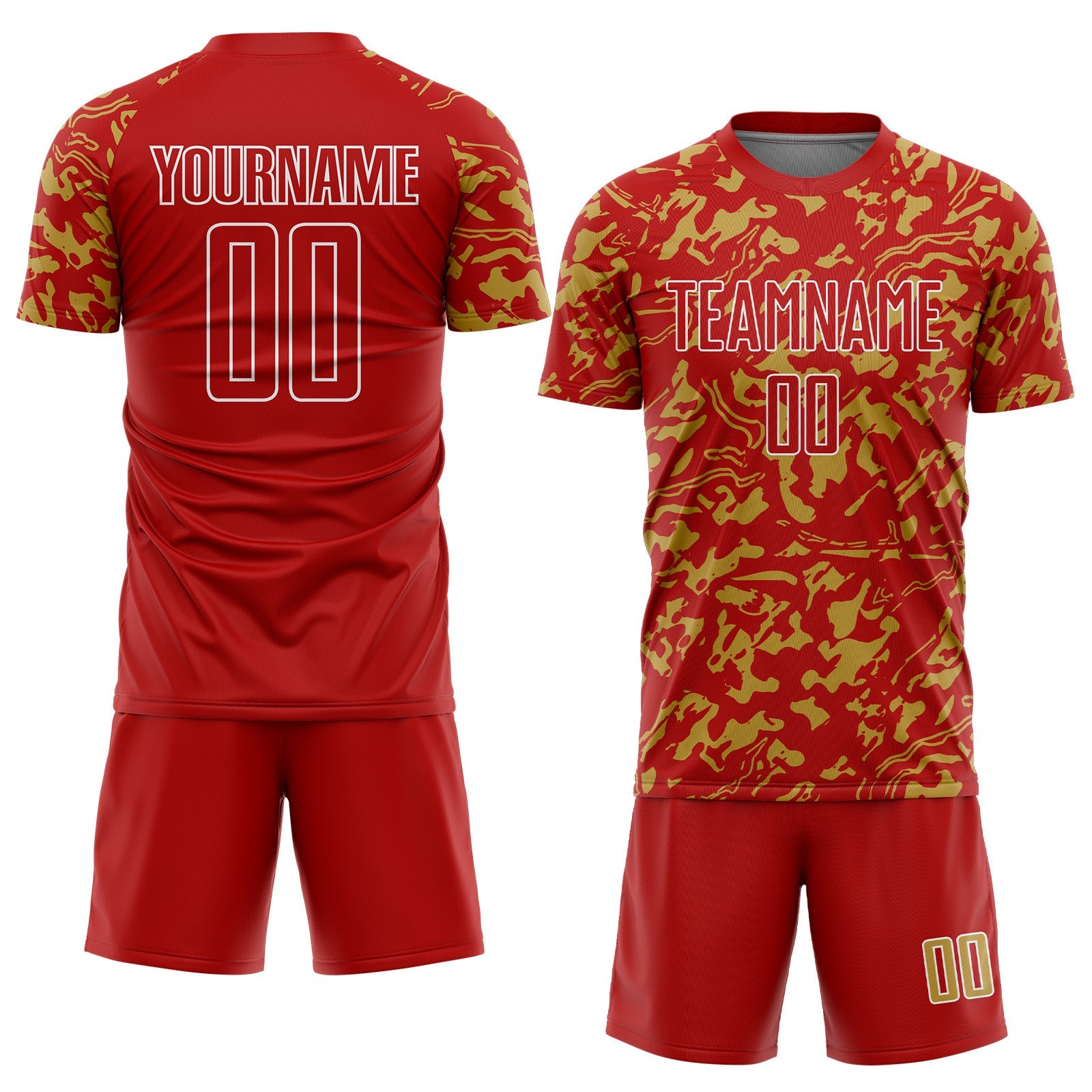 Custom Red Old Gold-White Liquid Fluid Pattern Sports Sublimation Soccer Uniform Jersey view 2