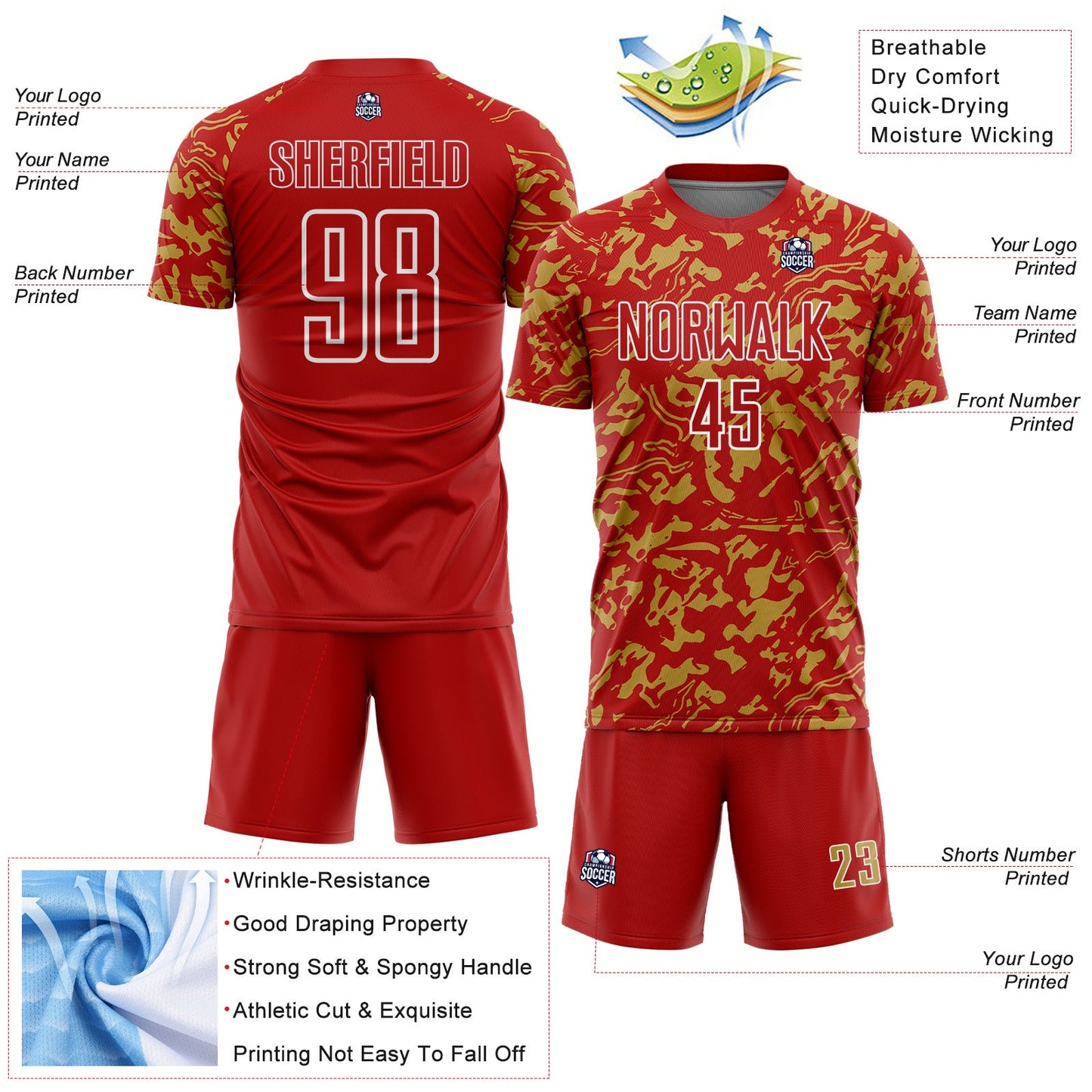 Custom Red Old Gold-White Liquid Fluid Pattern Sports Sublimation Soccer Uniform Jersey view 4