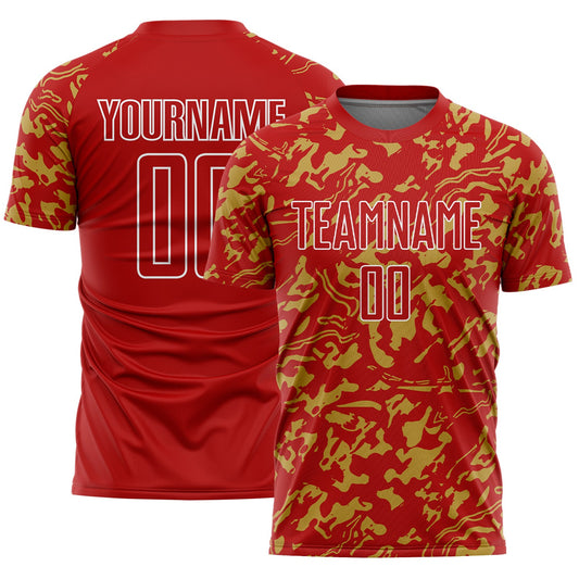 Custom Red Old Gold-White Liquid Fluid Pattern Sports Sublimation Soccer Uniform Jersey - Main View