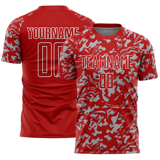 Custom Red Gray-White Liquid Fluid Pattern Sports Sublimation Soccer Uniform Jersey - Main View