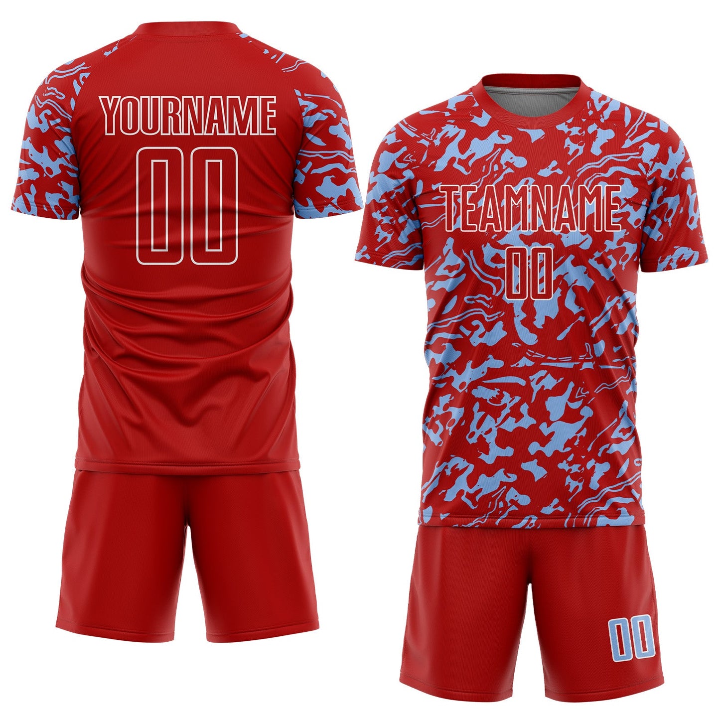 Custom Red Light Blue-White Liquid Fluid Pattern Sports Sublimation Soccer Uniform Jersey view 2