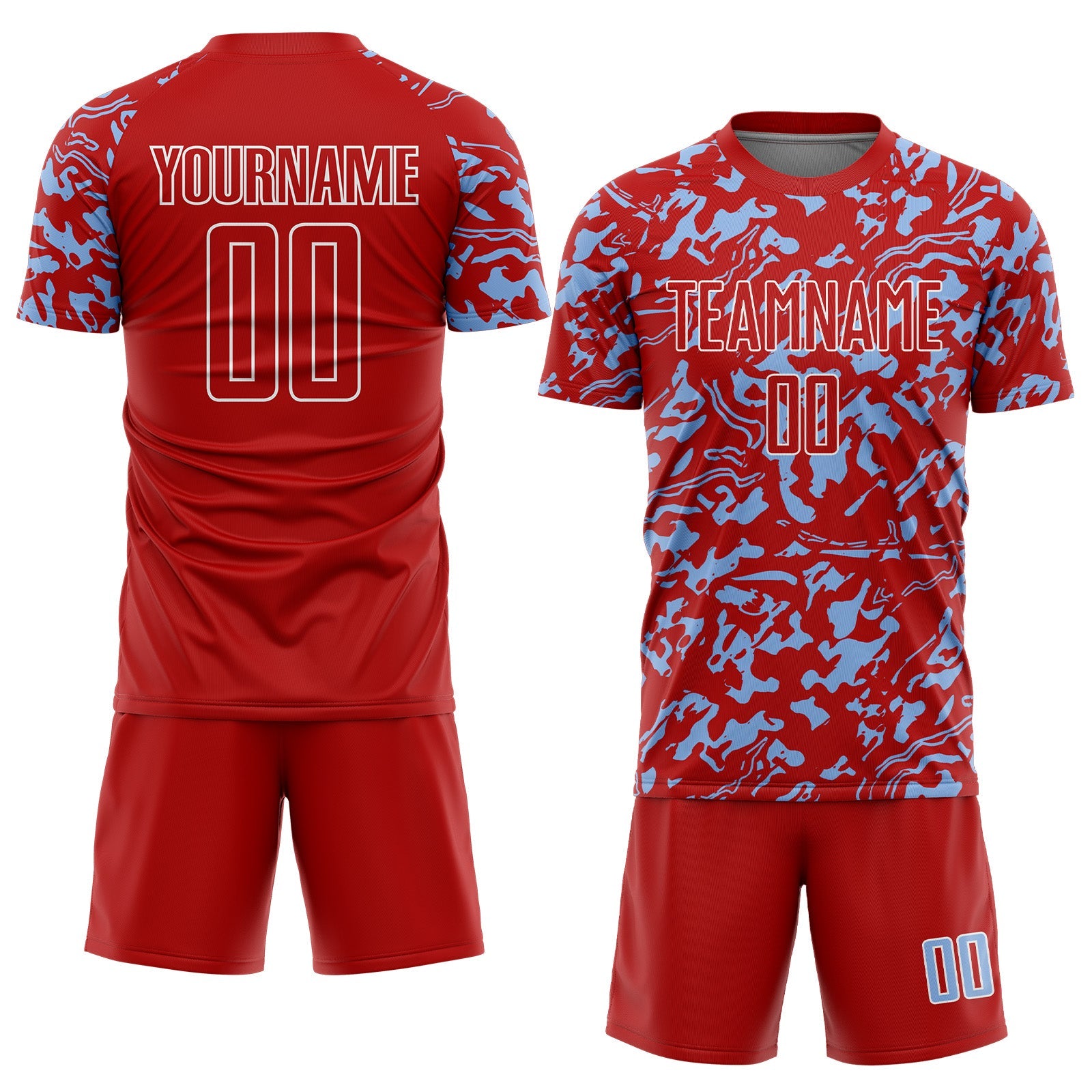 Custom Red Light Blue-White Liquid Fluid Pattern Sports Sublimation Soccer Uniform Jersey view 2