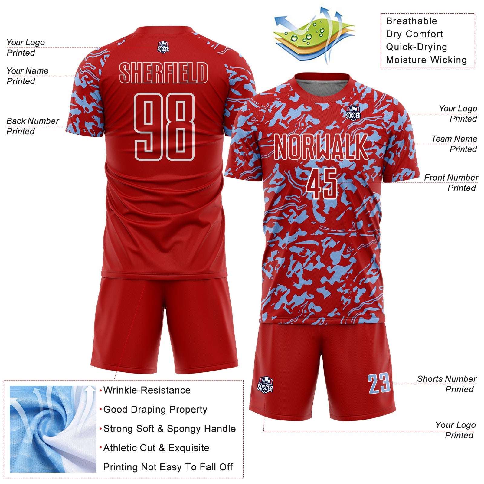 Custom Red Light Blue-White Liquid Fluid Pattern Sports Sublimation Soccer Uniform Jersey view 4