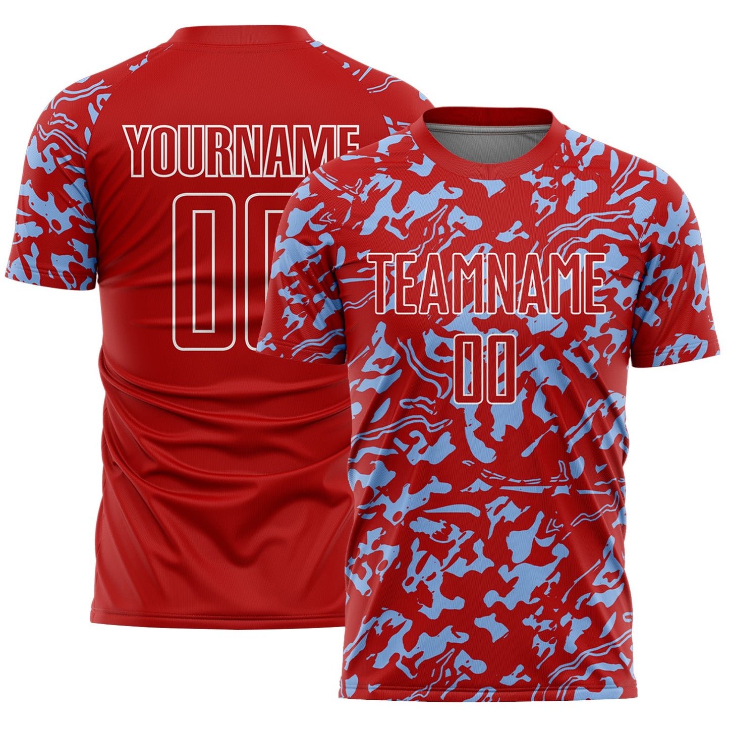 Custom Red Light Blue-White Liquid Fluid Pattern Sports Sublimation Soccer Uniform Jersey - Main View
