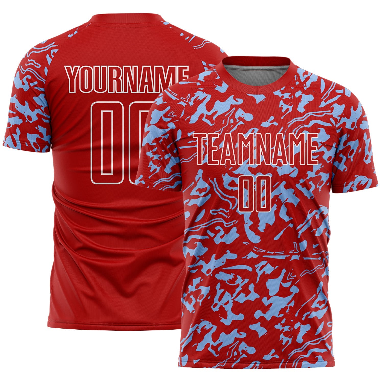 Custom Red Light Blue-White Liquid Fluid Pattern Sports Sublimation Soccer Uniform Jersey - Main View