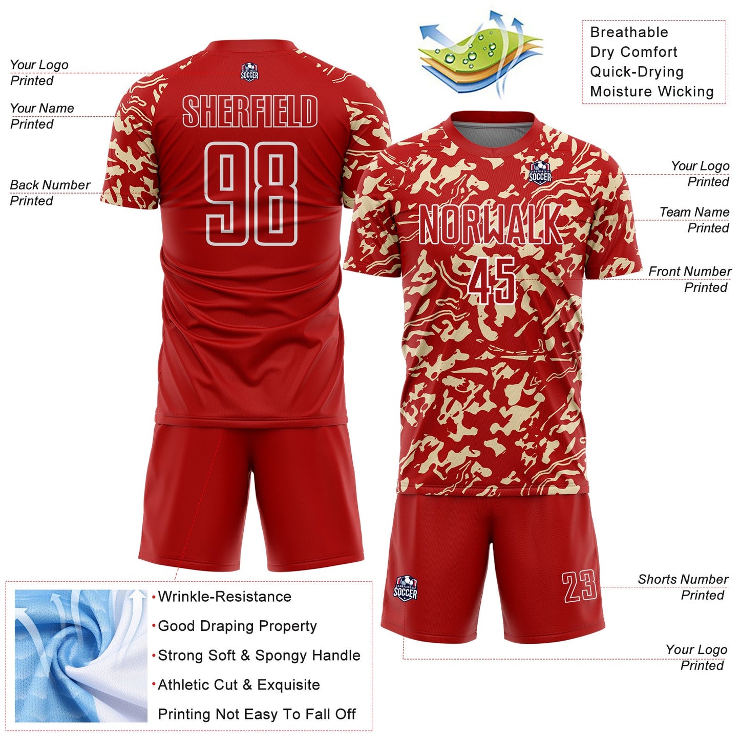 Custom Red Cream-White Liquid Fluid Pattern Sports Sublimation Soccer Uniform Jersey view 4