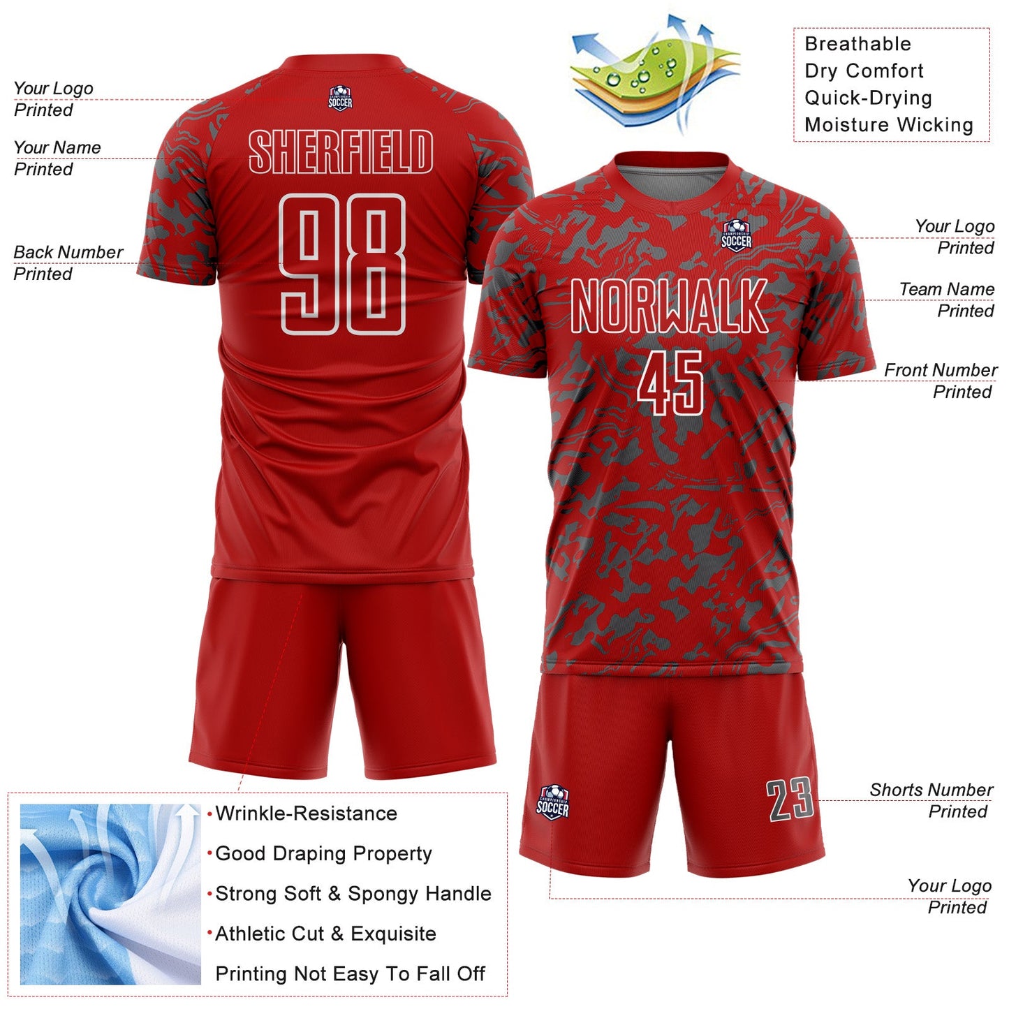 Custom Red Steel Gray-White Liquid Fluid Pattern Sports Sublimation Soccer Uniform Jersey view 4