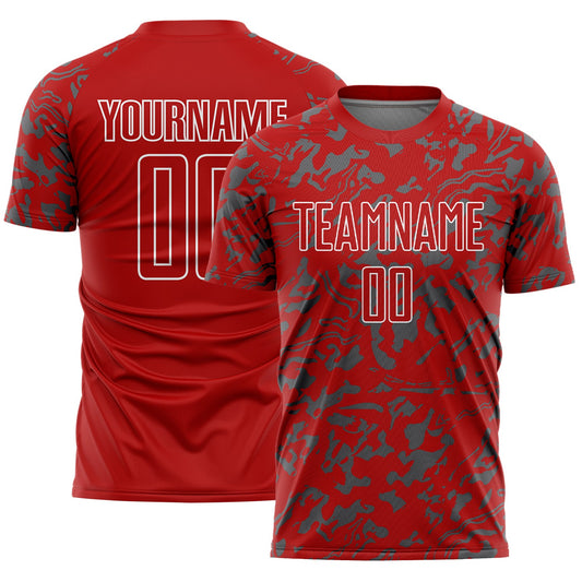 Custom Red Steel Gray-White Liquid Fluid Pattern Sports Sublimation Soccer Uniform Jersey - Main View