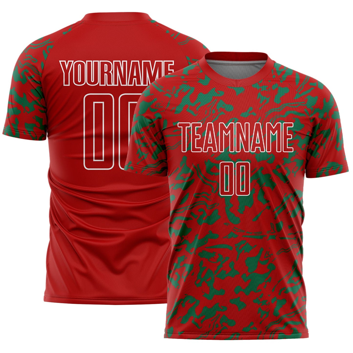 Custom Red Kelly Green-White Liquid Fluid Pattern Sports Sublimation Soccer Uniform Jersey - Main View