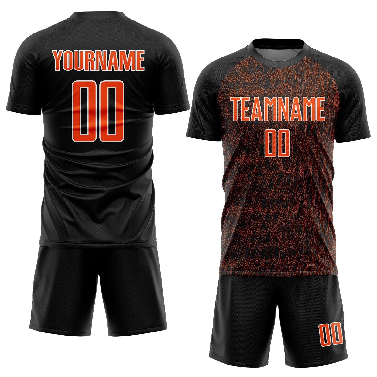 Custom Black Orange-White Abstract Scribble Curve Line Pattern Sports Sublimation Soccer Uniform Jersey view 2
