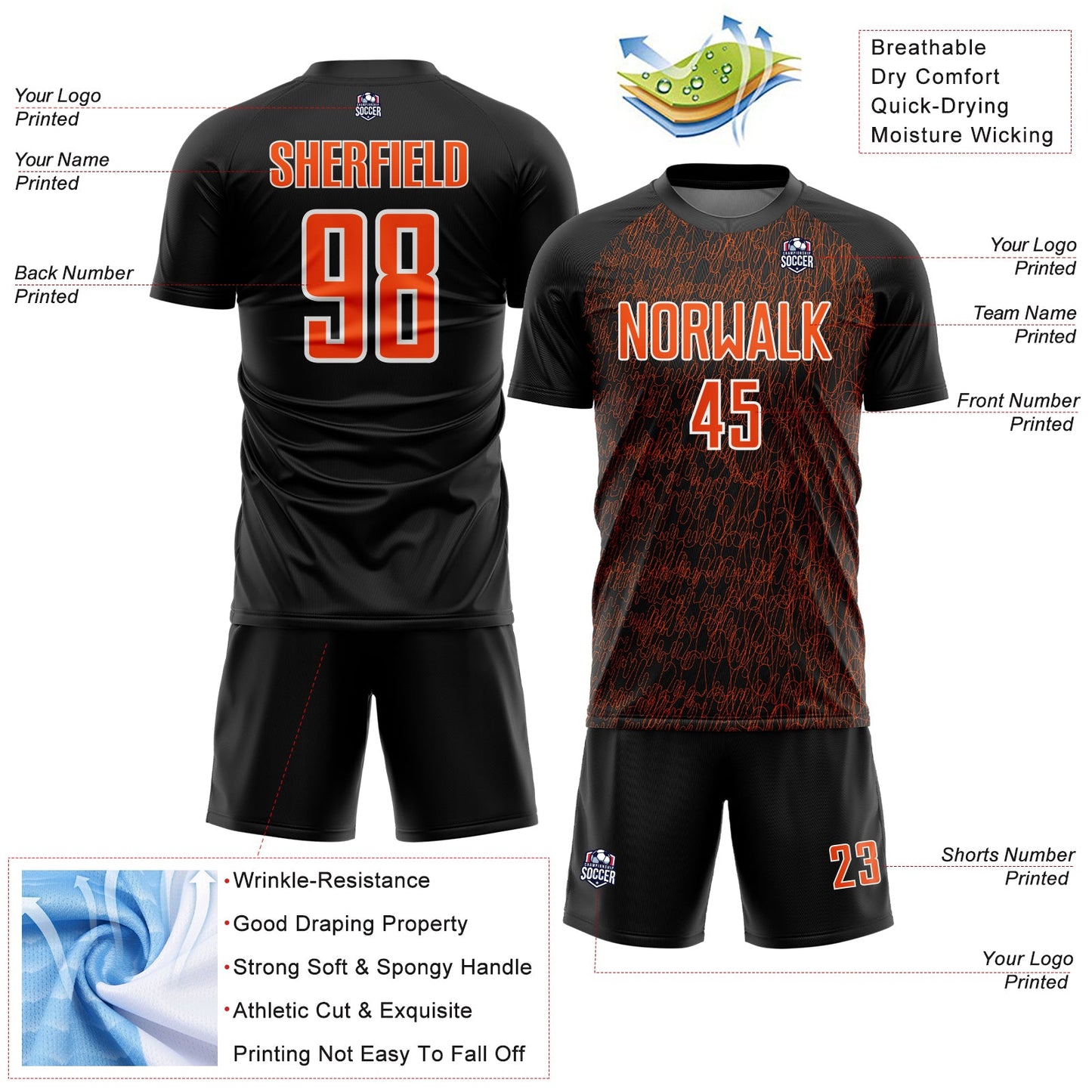 Custom Black Orange-White Abstract Scribble Curve Line Pattern Sports Sublimation Soccer Uniform Jersey view 4