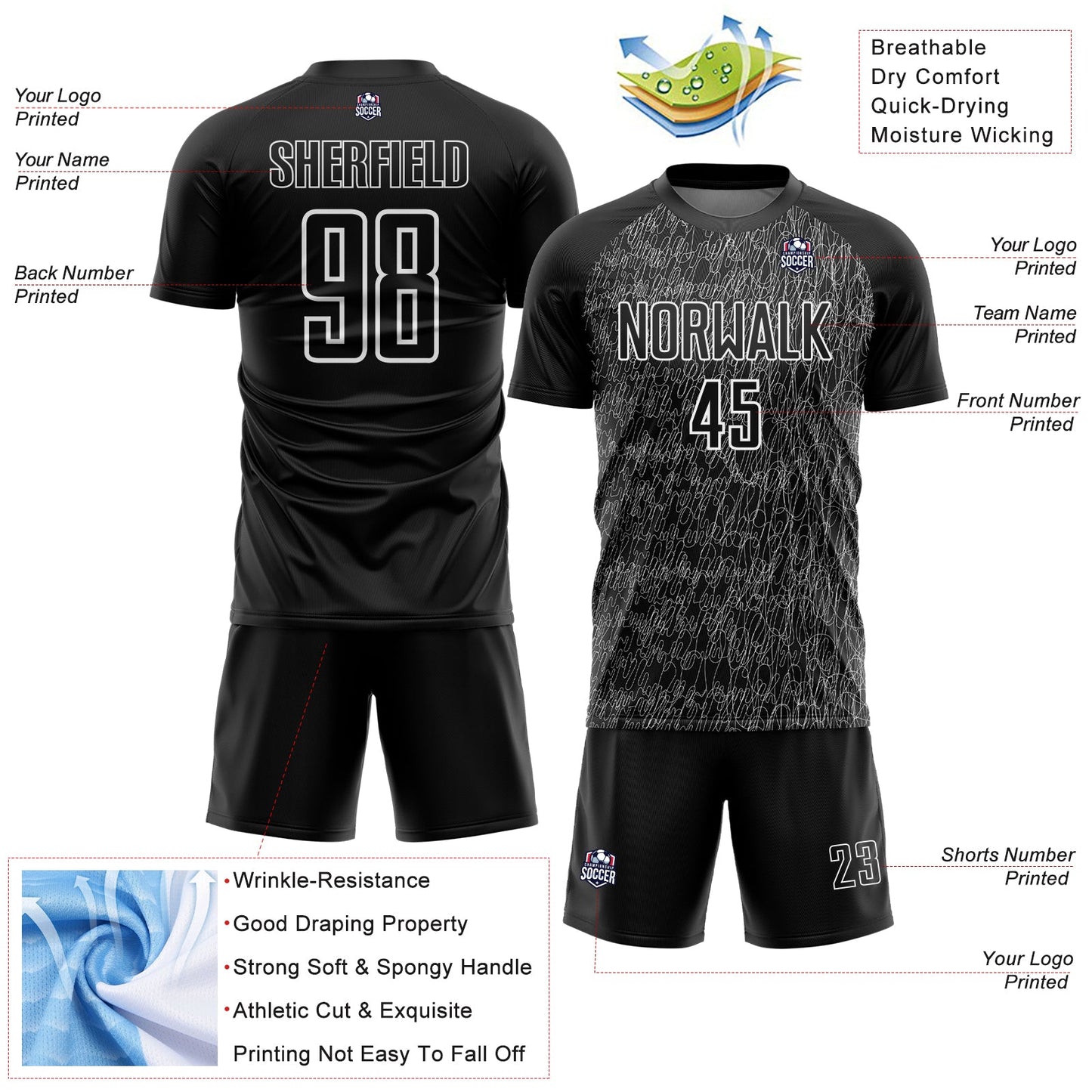 Custom Black White Abstract Scribble Curve Line Pattern Sports Sublimation Soccer Uniform Jersey view 4