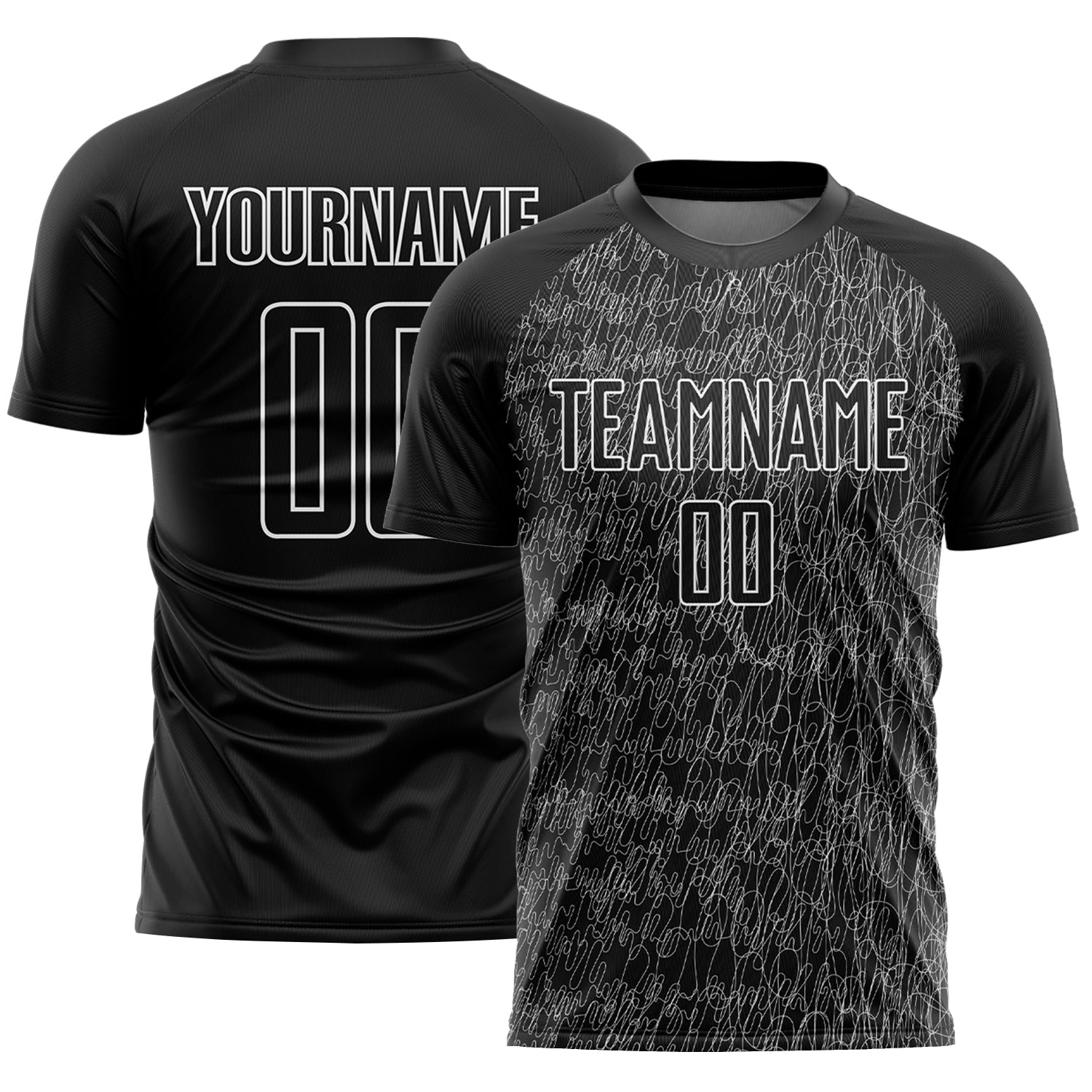 Custom Black White Abstract Scribble Curve Line Pattern Sports Sublimation Soccer Uniform Jersey - Main View